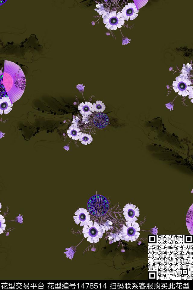 扇子民族风花卉数码印花华亿平台下载（图片编号: 1478514） - 瓦栏（Walan）