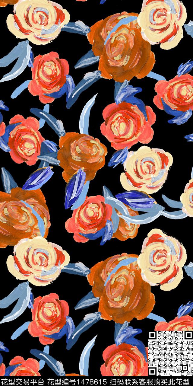 花卉油画华亿平台满版散花数码印花华亿平台下载（图片编号: 1478615） - 瓦栏（Walan）