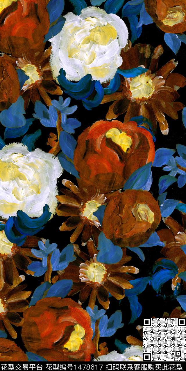 花卉油画华亿平台满版散花数码印花华亿平台下载（图片编号: 1478617） - 瓦栏（Walan）
