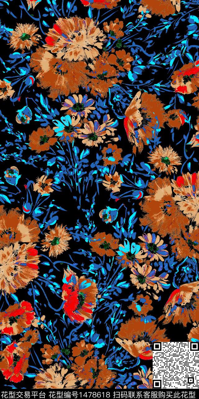 花卉植物满版散花数码印花华亿平台下载（图片编号: 1478618） - 瓦栏（Walan）