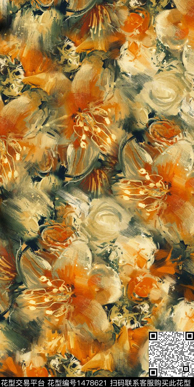 复古花卉抽象数码印花华亿平台下载（图片编号: 1478621） - 瓦栏（Walan）