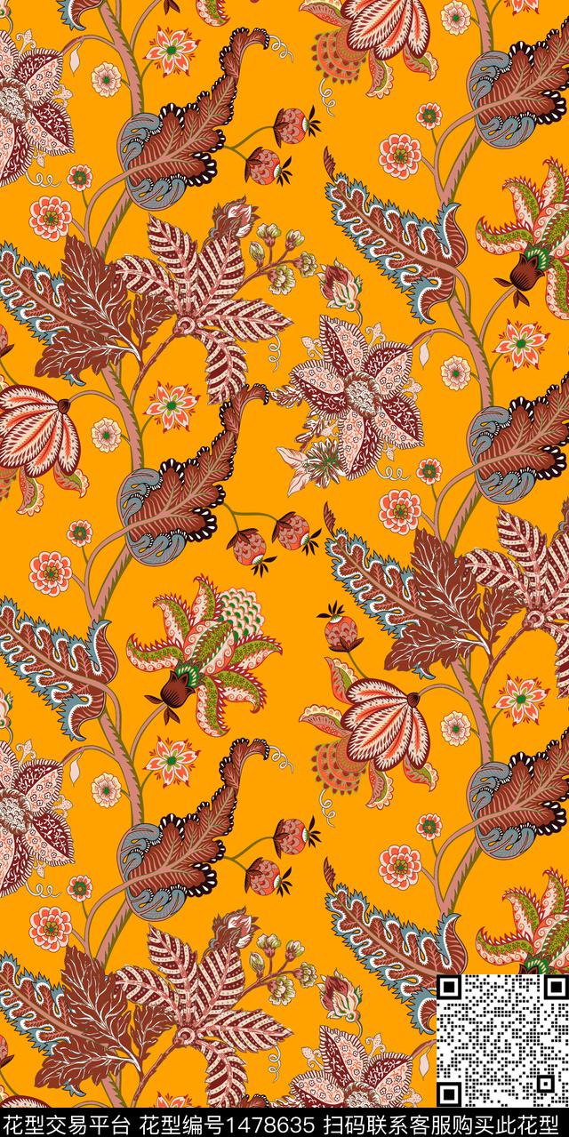 民族风花卉藤蔓数码印花华亿平台下载（图片编号: 1478635） - 瓦栏（Walan）