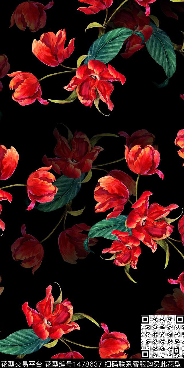 植物深底花卉水彩花卉数码印花华亿平台下载（图片编号: 1478637） - 瓦栏（Walan）