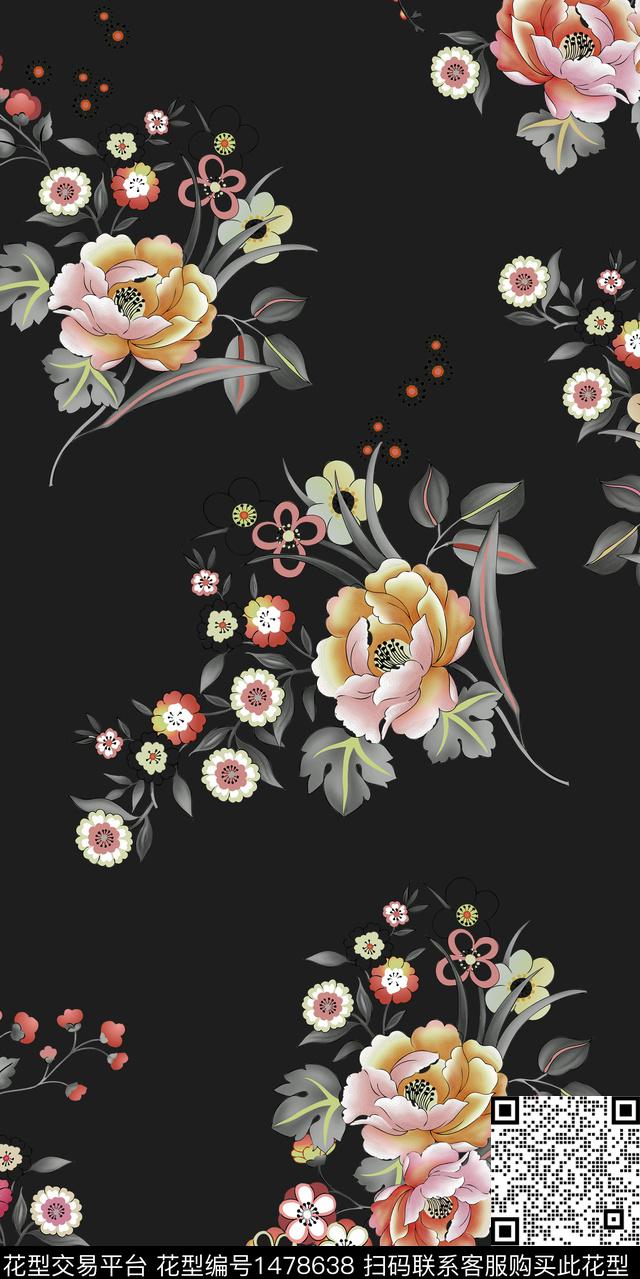 黑底花卉水彩花卉满版散花数码印花华亿平台下载（图片编号: 1478638） - 瓦栏（Walan）