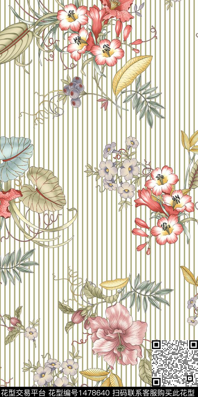 花卉条纹满版散花数码印花华亿平台下载（图片编号: 1478640） - 瓦栏（Walan）