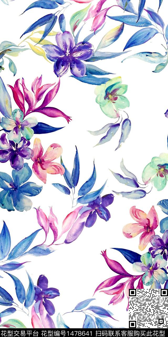 几何花卉植物水彩花卉数码印花华亿平台下载（图片编号: 1478641） - 瓦栏（Walan）