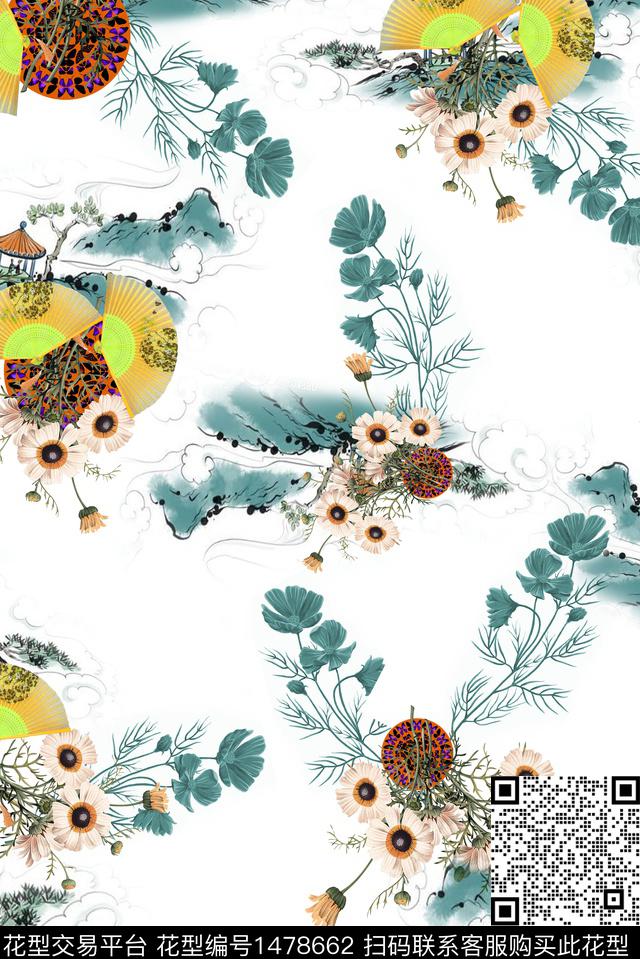 扇子民族风花卉数码印花华亿平台下载（图片编号: 1478662） - 瓦栏（Walan）