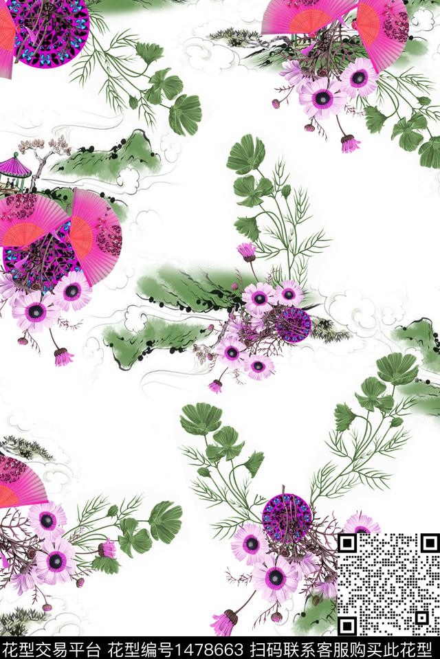 扇子民族风花卉数码印花华亿平台下载（图片编号: 1478663） - 瓦栏（Walan）