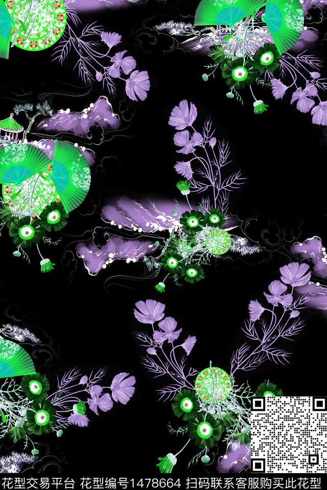 扇子民族风花卉数码印花华亿平台下载（图片编号: 1478664） - 瓦栏（Walan）