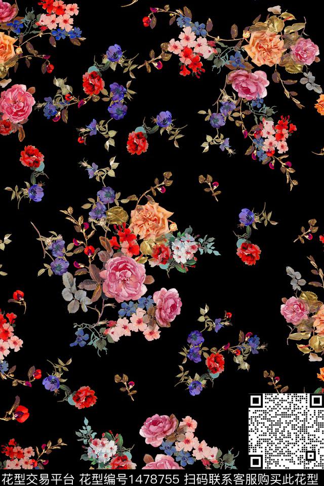 女装花卉手绘花卉数码印花华亿平台下载（图片编号: 1478755） - 瓦栏（Walan）