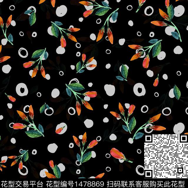 小碎花黑底花卉波点数码印花华亿平台下载（图片编号: 1478869） - 瓦栏（Walan）