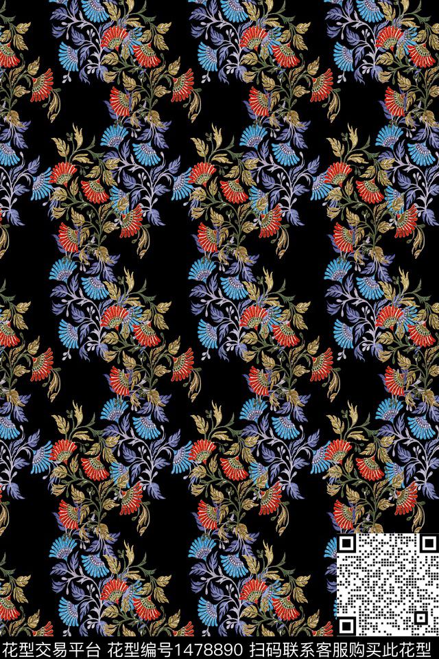 黑底花卉传统纹样旗袍数码印花华亿平台下载（图片编号: 1478890） - 瓦栏（Walan）
