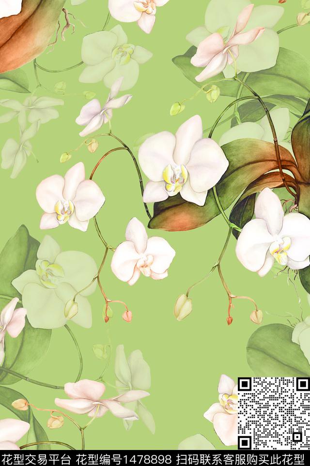 绿植树叶水彩大牌风数码印花华亿平台下载（图片编号: 1478898） - 瓦栏（Walan）