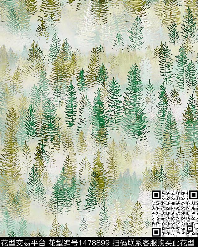 绿植树叶水彩大牌风数码印花华亿平台下载（图片编号: 1478899） - 瓦栏（Walan）