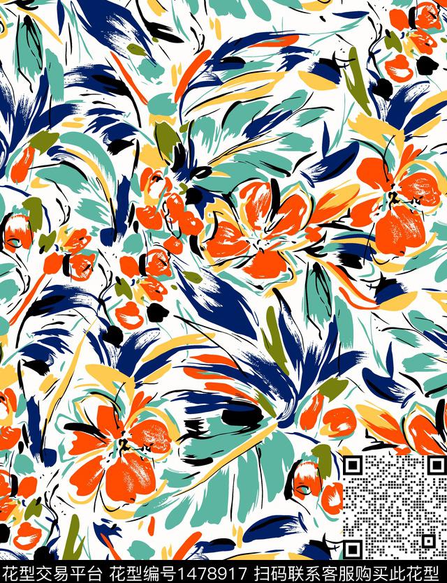 简约抽象花卉笔触数码印花华亿平台下载（图片编号: 1478917） - 瓦栏（Walan）