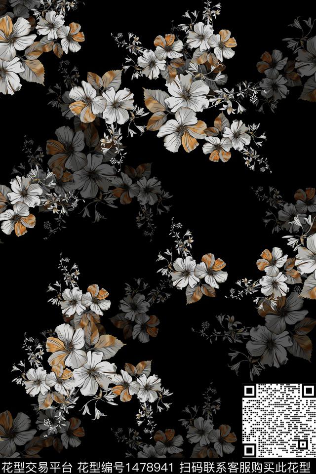黑底花卉花卉真丝数码印花华亿平台下载（图片编号: 1478941） - 瓦栏（Walan）