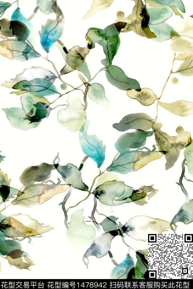 绿植树叶小清新真丝数码印花华亿平台下载（图片编号: 1478942） - 瓦栏（Walan）