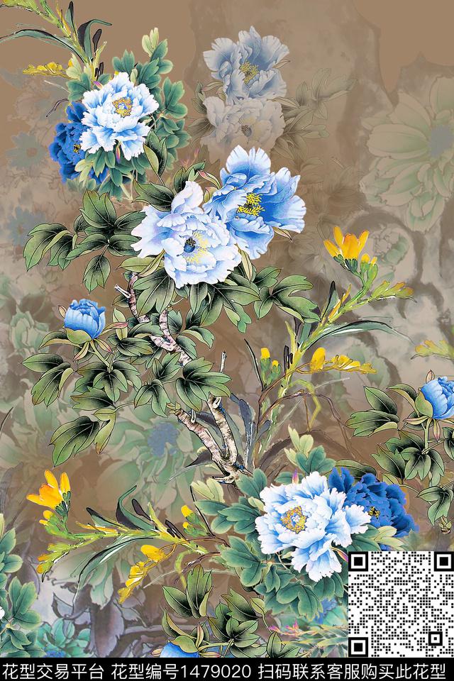 花卉香云纱中国风数码印花华亿平台下载（图片编号: 1479020） - 瓦栏（Walan）