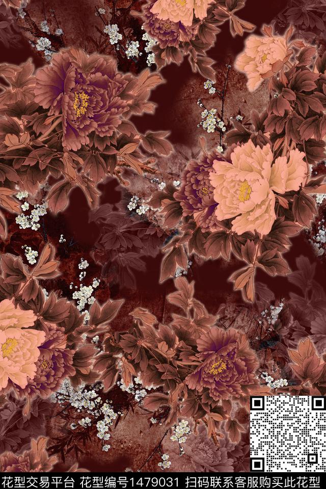 花卉香云纱中国风数码印花华亿平台下载（图片编号: 1479031） - 瓦栏（Walan）