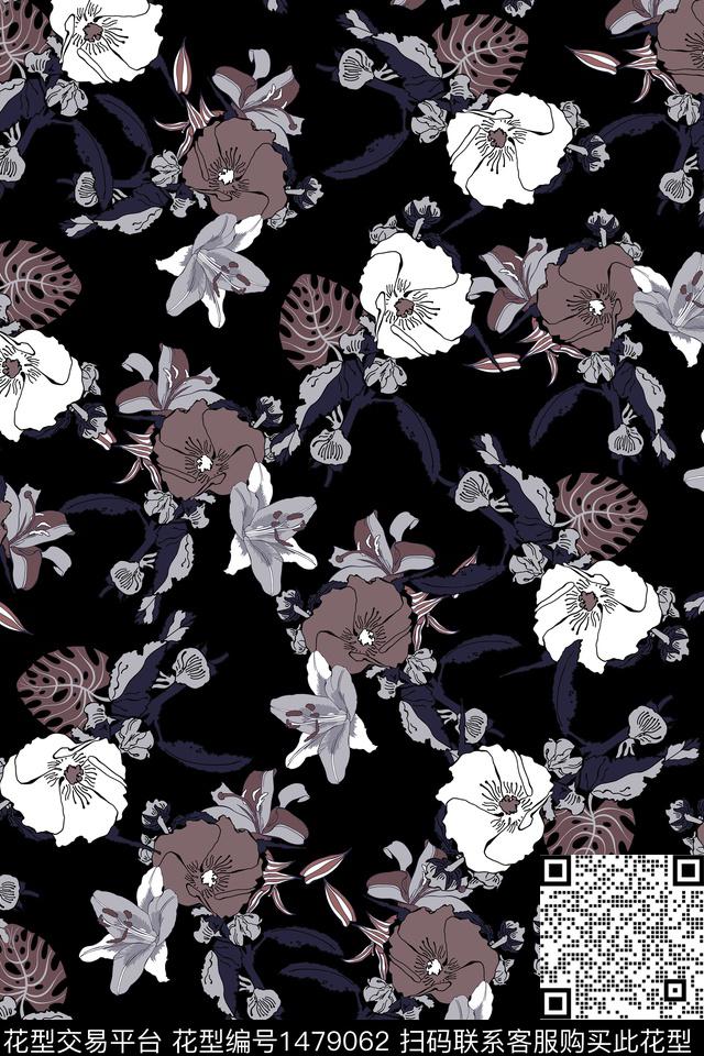女装审黑底花卉数码印花华亿平台下载（图片编号: 1479062） - 瓦栏（Walan）