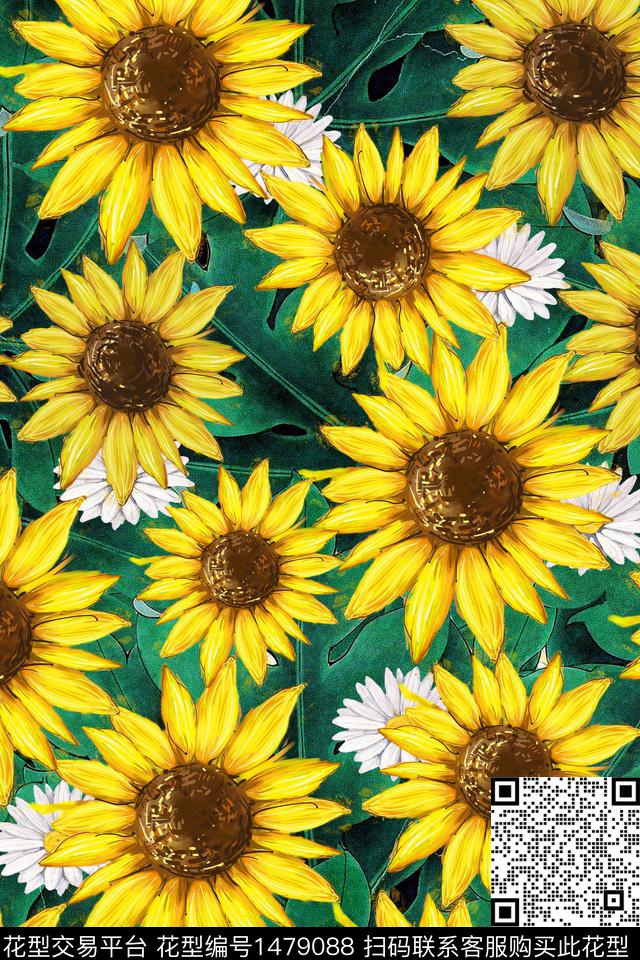 绿植树叶向日葵春夏华亿平台数码印花华亿平台下载（图片编号: 1479088） - 瓦栏（Walan）