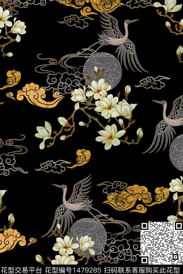 仙鹤祥云花卉数码印花华亿平台下载（图片编号: 1479285） - 瓦栏（Walan）