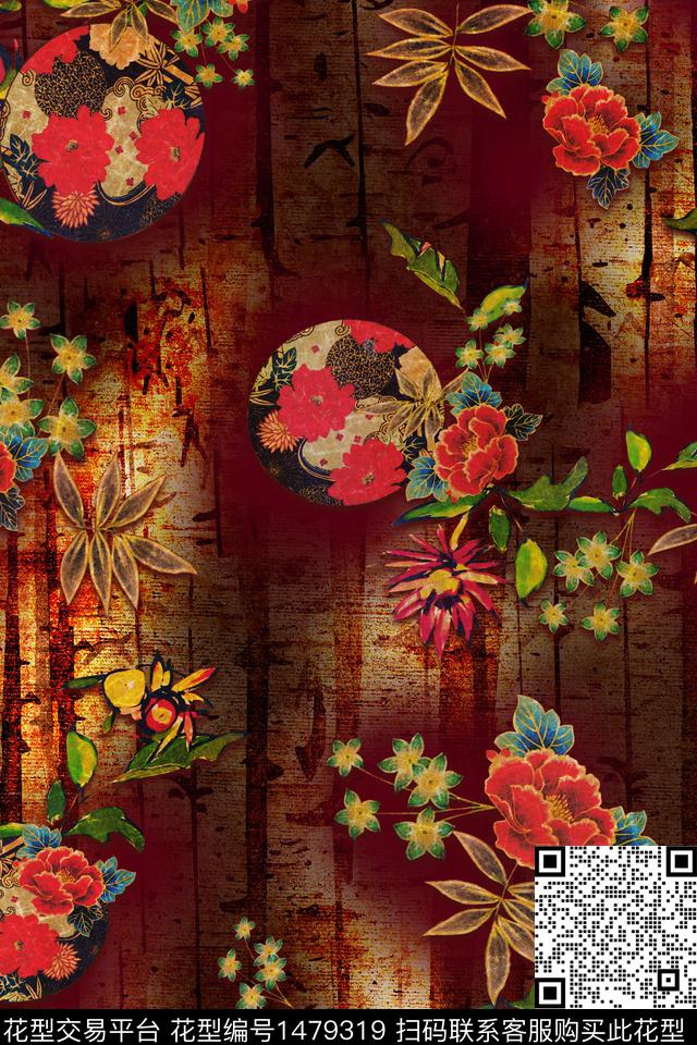 花卉香云纱真丝数码印花华亿平台下载（图片编号: 1479319） - 瓦栏（Walan）