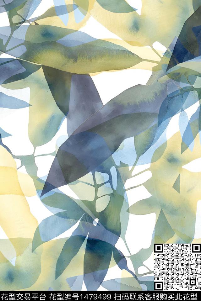 绿植树叶小清新真丝数码印花华亿平台下载（图片编号: 1479499） - 瓦栏（Walan）