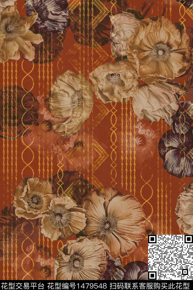 花卉香云纱中国风数码印花华亿平台下载（图片编号: 1479548） - 瓦栏（Walan）