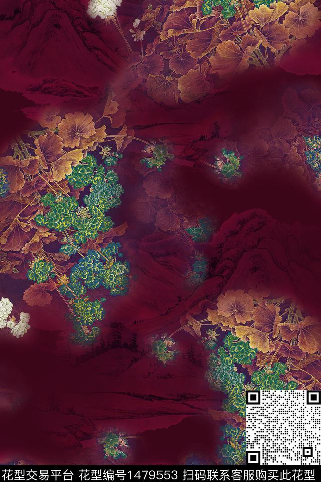 花卉香云纱中国风数码印花华亿平台下载（图片编号: 1479553） - 瓦栏（Walan）