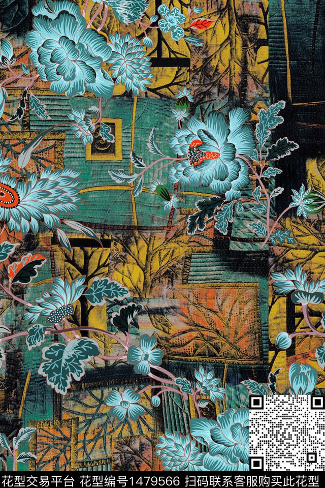 花卉香云纱中国风数码印花华亿平台下载（图片编号: 1479566） - 瓦栏（Walan）