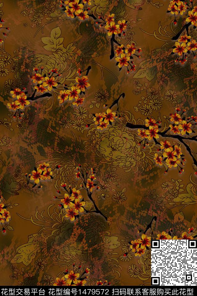 花卉香云纱中国风数码印花华亿平台下载（图片编号: 1479572） - 瓦栏（Walan）