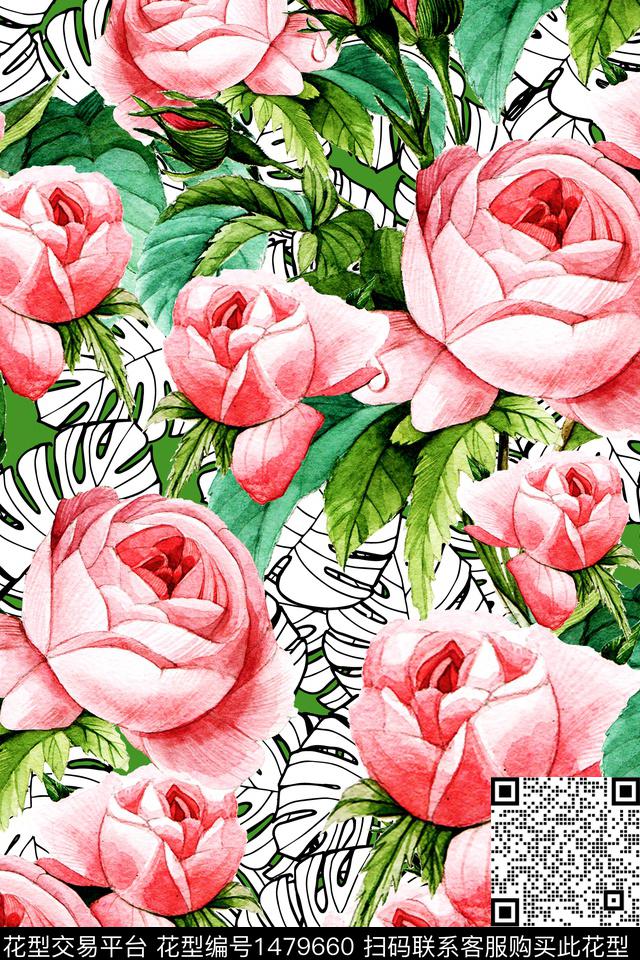 绿植树叶玫瑰花春夏华亿平台数码印花华亿平台下载（图片编号: 1479660） - 瓦栏（Walan）