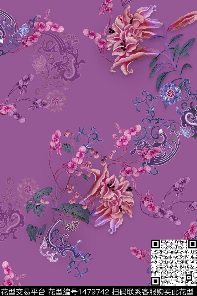 连衣裙清爽底花卉香云纱数码印花华亿平台下载（图片编号: 1479742） - 瓦栏（Walan）