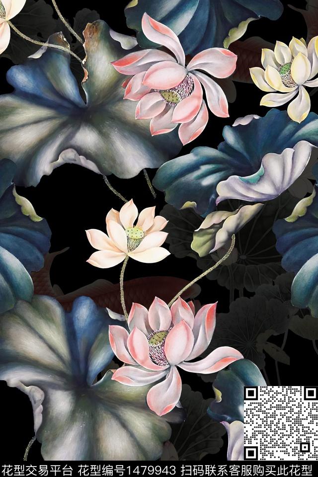 荷花香云纱真丝数码印花华亿平台下载（图片编号: 1479943） - 瓦栏（Walan）