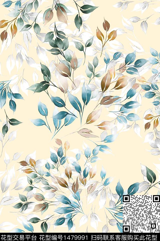 绿植树叶小清新真丝数码印花华亿平台下载（图片编号: 1479991） - 瓦栏（Walan）