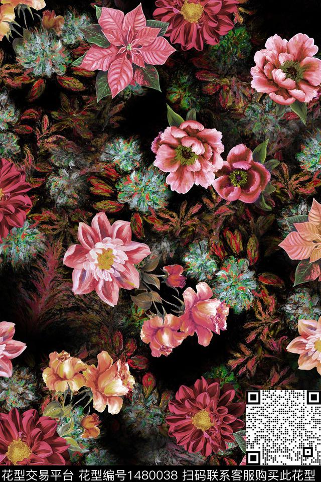 女装花卉大花数码印花华亿平台下载（图片编号: 1480038） - 瓦栏（Walan）