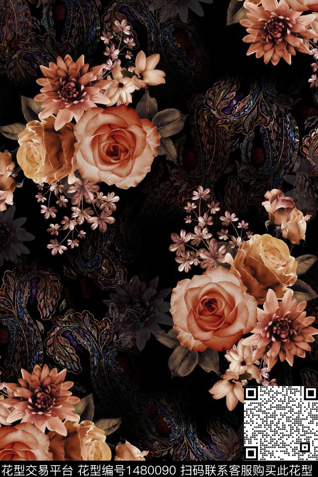 女装花卉大花数码印花华亿平台下载（图片编号: 1480090） - 瓦栏（Walan）