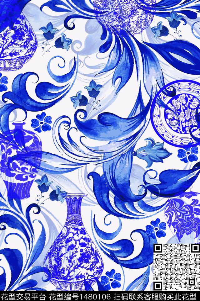 青花瓷民族风花卉传统印花华亿平台下载（图片编号: 1480106） - 瓦栏（Walan）