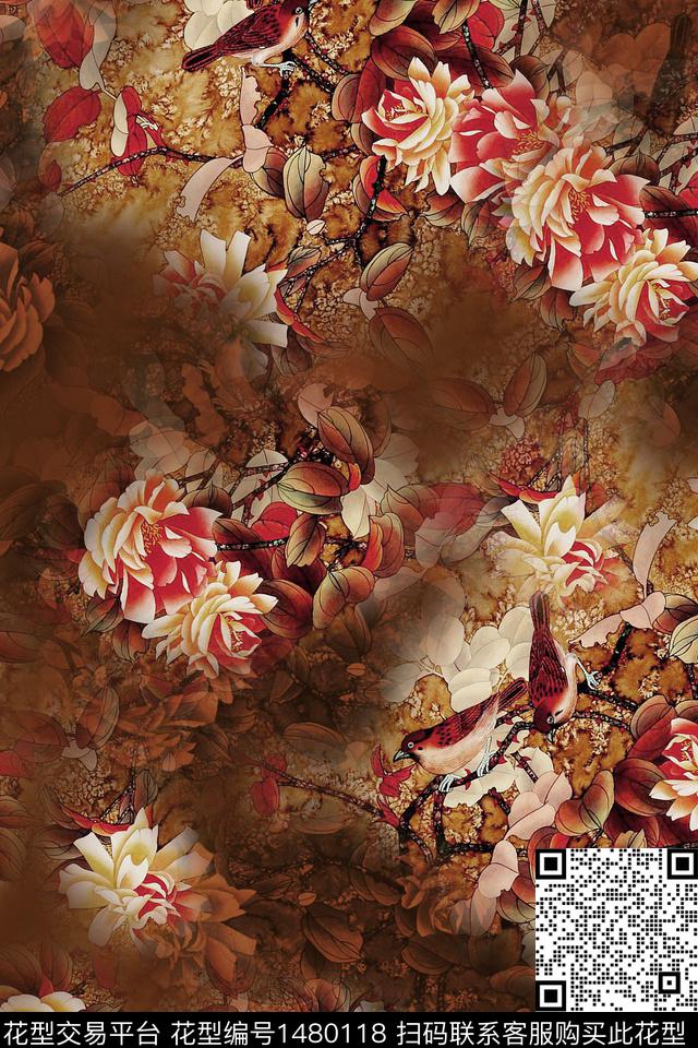 民族风花卉香云纱数码印花华亿平台下载（图片编号: 1480118） - 瓦栏（Walan）