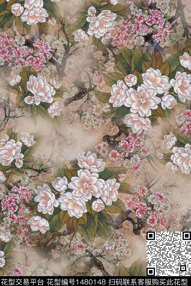 民族风花卉香云纱数码印花华亿平台下载（图片编号: 1480148） - 瓦栏（Walan）