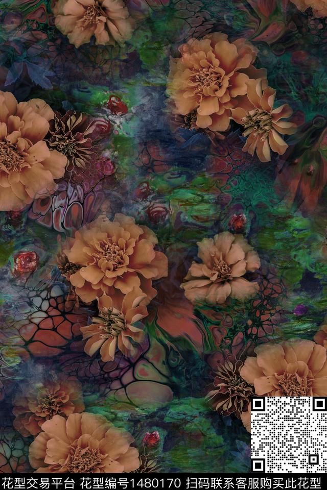 民族风花卉香云纱数码印花华亿平台下载（图片编号: 1480170） - 瓦栏（Walan）