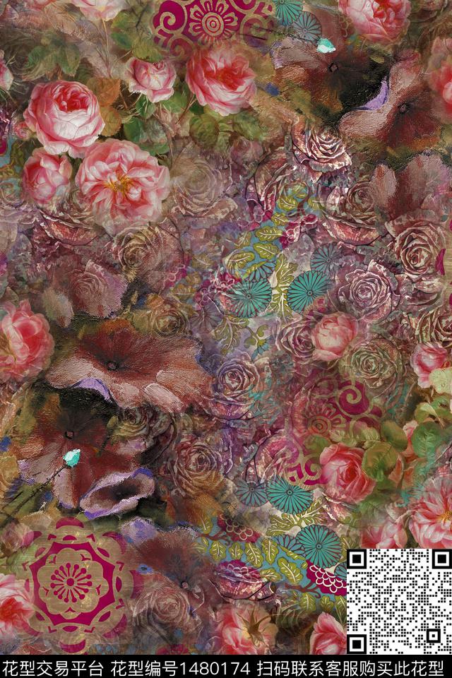 民族风花卉香云纱数码印花华亿平台下载（图片编号: 1480174） - 瓦栏（Walan）