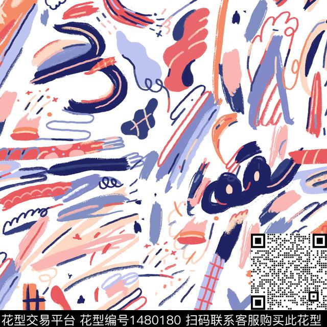 涂鸦手绘笔触数码印花华亿平台下载（图片编号: 1480180） - 瓦栏（Walan）