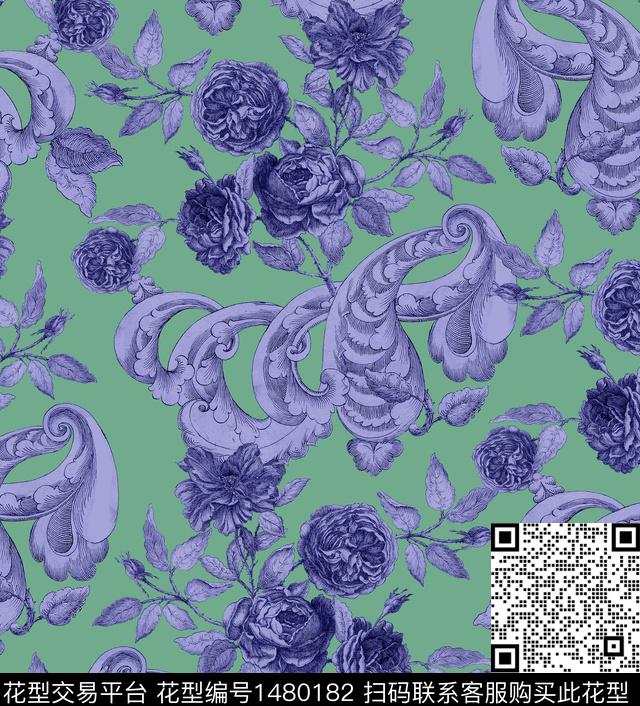 彩底花卉大花宫廷风数码印花华亿平台下载（图片编号: 1480182） - 瓦栏（Walan）