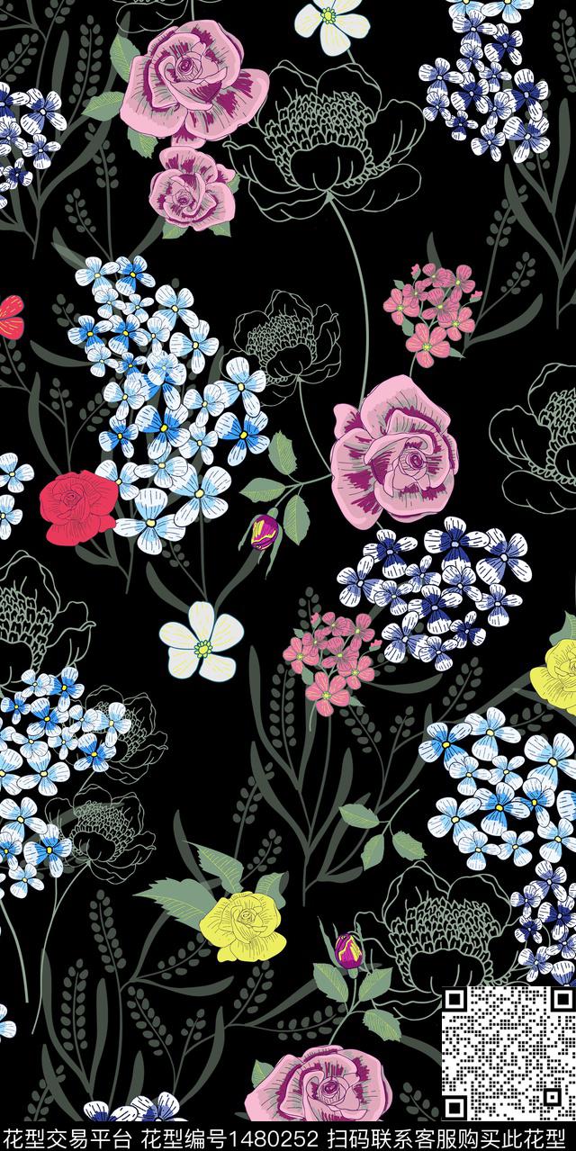 植物水彩花卉满版散花数码印花华亿平台下载（图片编号: 1480252） - 瓦栏（Walan）