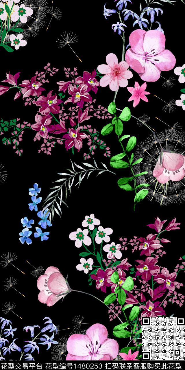 植物水彩花卉满版散花数码印花华亿平台下载（图片编号: 1480253） - 瓦栏（Walan）