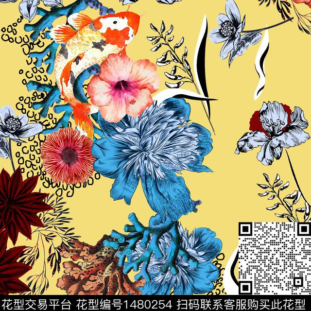 民族风植物珊瑚数码印花华亿平台下载（图片编号: 1480254） - 瓦栏（Walan）