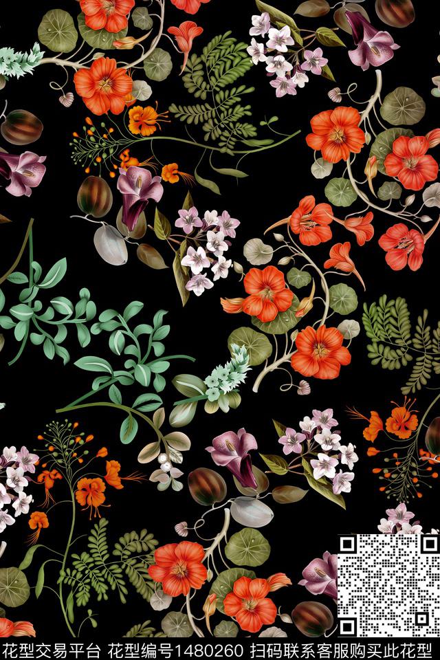 黑底花卉花卉大牌风数码印花华亿平台下载（图片编号: 1480260） - 瓦栏（Walan）