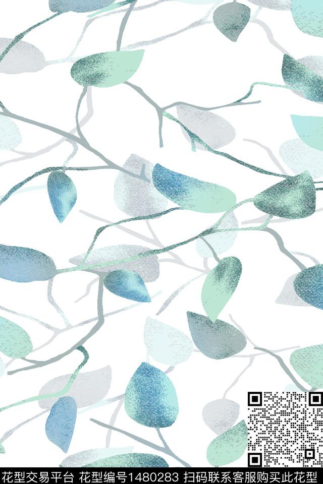 小清新真丝绿植树叶数码印花华亿平台下载（图片编号: 1480283） - 瓦栏（Walan）